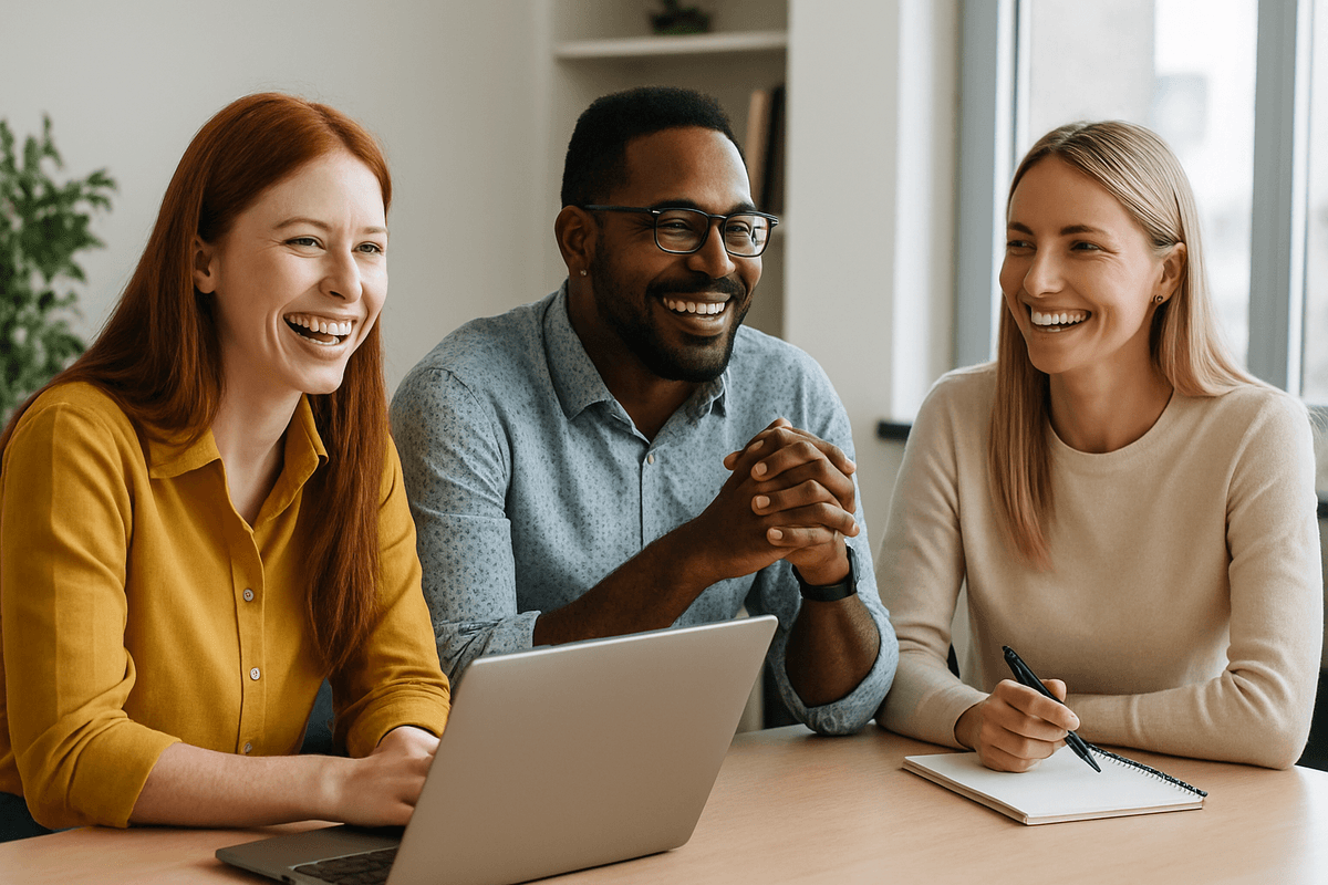 Happy team working together