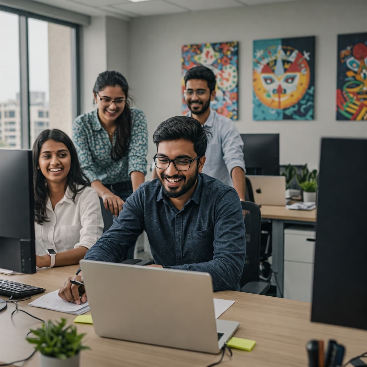 Happy and motivated office team celebrating together